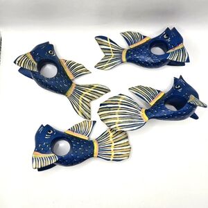 Set 4 WOODEN TROPICAL FISH NAPKIN RINGS Holders Hand Painted Nautical Decor 6 in